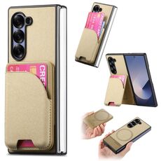 Per Samsung Galaxy Z Fold6 Twill Tessuto Pelle Pelle Carta Borsa Magnetica Posteriore Custodia per Telefono (Cachi)
