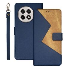 Per OnePlus 13R idewei Custodia per telefono in pelle bicolore con cuciture (blu)