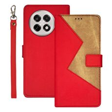 Per OnePlus 13R idewei Custodia per telefono in pelle bicolore con cuciture (rosso)