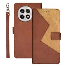 Per OnePlus 13R idewei Custodia per telefono in pelle bicolore con cuciture (marrone)