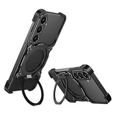 Per Samsung Galaxy S24+ 5G Custodia per telefono in metallo con supporto MagSafe senza bordi e braccio meccanico (nero argento)