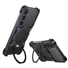 Per Samsung Galaxy S24+ 5G Custodia per telefono in metallo con supporto MagSafe senza bordi e braccio meccanico (nero blu)