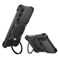 Per Samsung Galaxy S24+ 5G Custodia per telefono in metallo con supporto MagSafe senza bordi e braccio meccanico (nero viola)