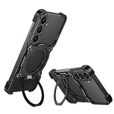 Per Samsung Galaxy S24 5G Custodia per telefono in metallo con supporto MagSafe senza bordi e braccio meccanico (nero argento)