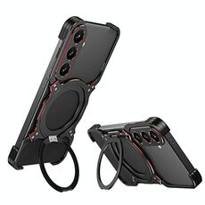 Per Samsung Galaxy S25+ 5G Custodia per telefono in metallo con supporto MagSafe senza bordi e braccio meccanico (nero rosso)