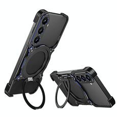 Per Samsung Galaxy S25+ 5G Custodia per telefono in metallo con supporto MagSafe senza bordi e braccio meccanico (nero blu)