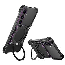 Per Samsung Galaxy S25+ 5G Custodia per telefono in metallo con supporto MagSafe senza bordi e braccio meccanico (nero viola)