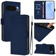 Per Google Pixel 10 Custodia per telefono in pelle tinta unita con cordino Global Skin Feel (blu navy)