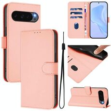 Per Google Pixel 10 Pro XL Custodia in pelle tinta unita con cordino (rosa)