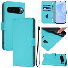 Per Google Pixel 10 Pro XL Custodia per telefono in pelle tinta unita con cordino (Lake Blue)