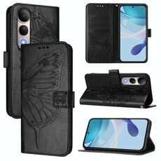 Per vivo V50 Lite 5G Custodia in pelle con motivo a farfalla in rilievo (nero)