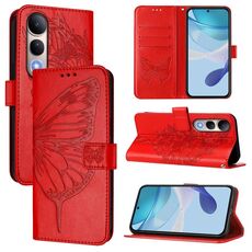 Per vivo V50 Lite 5G Custodia in pelle con motivo a farfalla in rilievo (rosso)