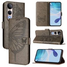 Per vivo V50 Lite 5G Custodia per telefono in pelle con motivo a farfalla in rilievo (grigio)