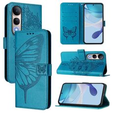 Per vivo V50 Lite 5G Custodia in pelle con motivo a farfalla in rilievo (blu)