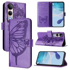 Per vivo V50 Lite 5G Custodia in pelle con motivo a farfalla in rilievo (viola chiaro)