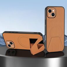 Per iPhone 15 Custodia per telefono integrata con supporto invisibile magnetico MagSafe in pelle di pecora (marrone)