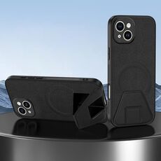 Per iPhone 14 Custodia per telefono integrata con supporto invisibile magnetico MagSafe con texture in pelle di pecora (nero)