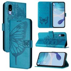 Per Sharp Basio Active3 Custodia per telefono in pelle con motivo a farfalla in rilievo (blu)