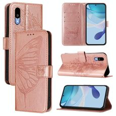 Per Sharp Basio Active3 Custodia per telefono in pelle con motivo a farfalla in rilievo (oro rosa)