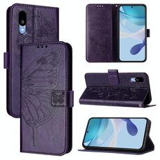 Per Sharp Basio Active3 Custodia per telefono in pelle con motivo a farfalla in rilievo (viola scuro)