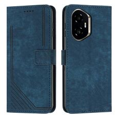 Custodia in pelle con motivo a strisce per Honor 300 Skin Feel con cordino (blu)
