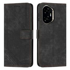 Custodia in pelle con motivo a strisce per Honor 300 Skin Feel con cordino (nero)