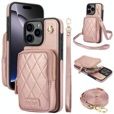 Per iPhone 16 Pro AwQuer Borsa a tracolla con cerniera Portafoglio in pelle Litchi Custodia per telefono (oro rosa)