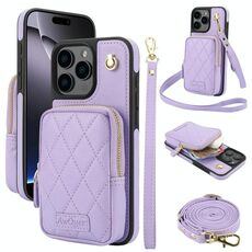Per iPhone 16 Pro AwQuer Borsa a tracolla con cerniera Portafoglio in pelle Litchi Custodia per telefono (viola chiaro)
