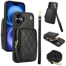 Per iPhone 16 AwQuer Borsa a tracolla con cerniera Portafoglio in pelle Litchi Custodia per telefono (nero)