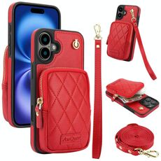 Per iPhone 16 AwQuer Borsa a tracolla con cerniera Portafoglio in pelle Litchi Custodia per telefono (rosso)