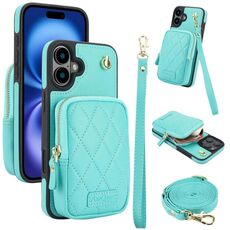 Per iPhone 16 AwQuer Borsa a tracolla con cerniera Portafoglio in pelle Litchi Custodia per telefono (verde menta)