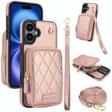 Per iPhone 16 AwQuer Borsa a tracolla con cerniera Portafoglio in pelle Litchi Custodia per telefono (oro rosa)