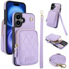 Per iPhone 16 AwQuer Borsa a tracolla con cerniera Portafoglio in pelle Litchi Custodia per telefono (viola chiaro)