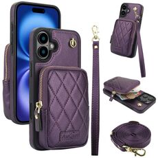 Per iPhone 16 AwQuer Borsa a tracolla con cerniera Portafoglio in pelle Litchi Custodia per telefono (viola scuro)