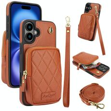 Per iPhone 16 AwQuer Borsa a tracolla con cerniera Portafoglio in pelle Litchi Custodia per telefono (marrone)