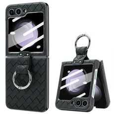 Per Samsung Galaxy Z Flip6 VIETAO Custodia per telefono con anello in metallo e pelle intrecciata (nero)