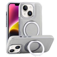Per iPhone 14 Custodia per telefono con supporto MagSafe in pelle placcata (verde grigiastro)
