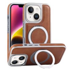 Per iPhone 14 Custodia per telefono con supporto MagSafe girevole in pelle placcata (marrone)