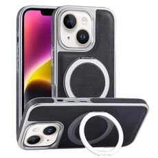 Per iPhone 14 Custodia per telefono con supporto MagSafe in pelle placcata (nero)