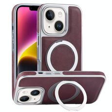 Per iPhone 14 Plus Custodia per telefono con supporto MagSafe in pelle placcata (rosso scuro)