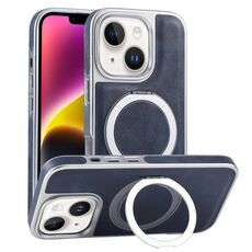 Per iPhone 14 Plus Custodia per telefono con supporto MagSafe in pelle placcata (blu)