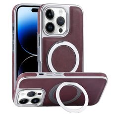 Per iPhone 14 Pro Custodia per telefono con supporto MagSafe in pelle placcata (rosso scuro)