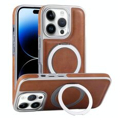 Per iPhone 14 Pro Custodia per telefono con supporto MagSafe in pelle placcata (marrone)