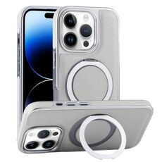 Per iPhone 14 Pro Max Custodia per telefono con supporto MagSafe in pelle placcata (verde grigiastro)
