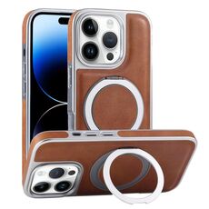 Per iPhone 14 Pro Max Custodia per telefono con supporto MagSafe in pelle placcata (marrone)