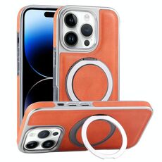 Per iPhone 14 Pro Max Custodia per telefono con supporto MagSafe in pelle placcata (arancione)