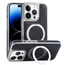 Per iPhone 14 Pro Max Custodia per telefono con supporto MagSafe in pelle placcata (nero)