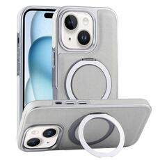 Per iPhone 15 Custodia per telefono con supporto MagSafe in pelle placcata (verde grigiastro)