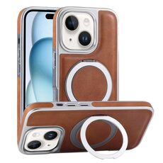 Per iPhone 15 Custodia per telefono con supporto MagSafe in pelle placcata (marrone)