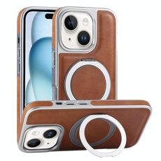 Per iPhone 15 Plus Custodia per telefono con supporto MagSafe in pelle placcata (marrone)